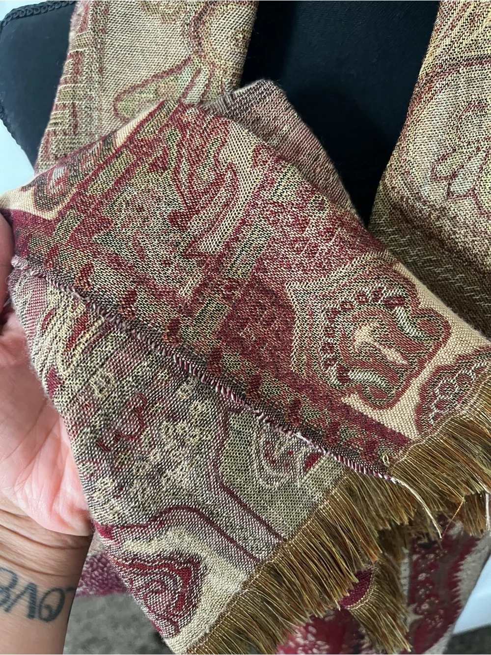Vintage Paisley Fringe Scarf Shawl Wrap – Burgundy, Gold & Tan